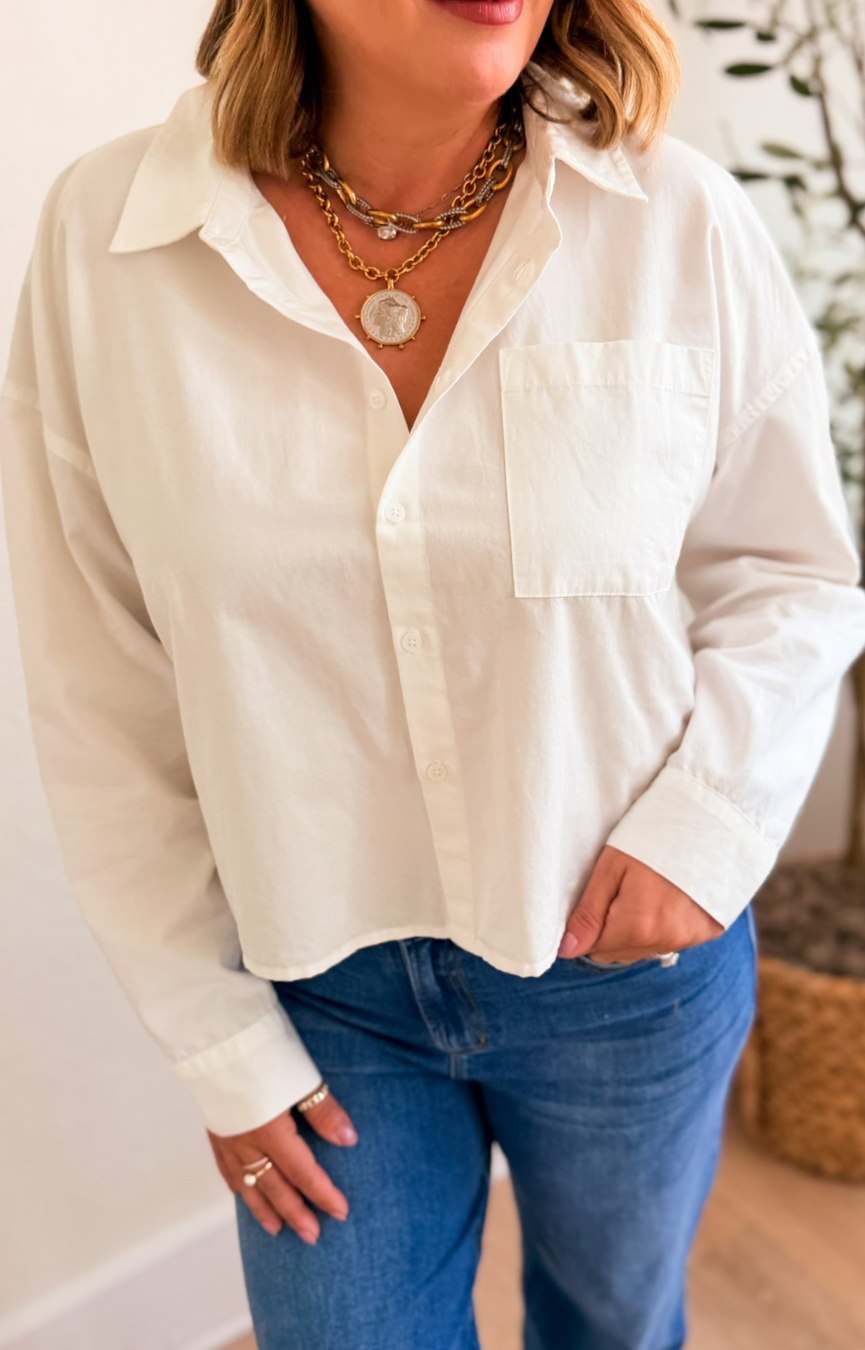 Cropped Adrianna Shirt- White