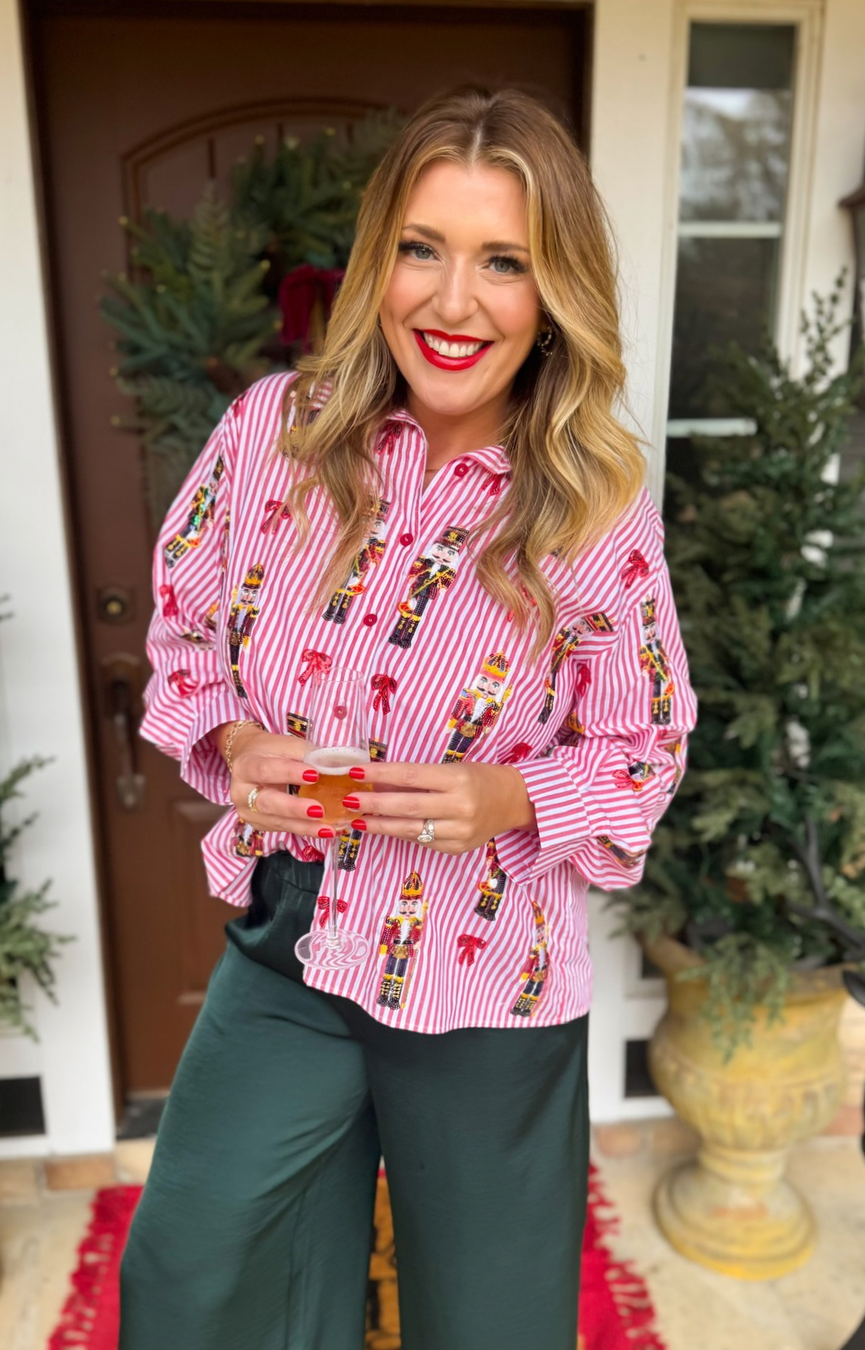 Red Stripe Nutcracker & Bow Button Up Top