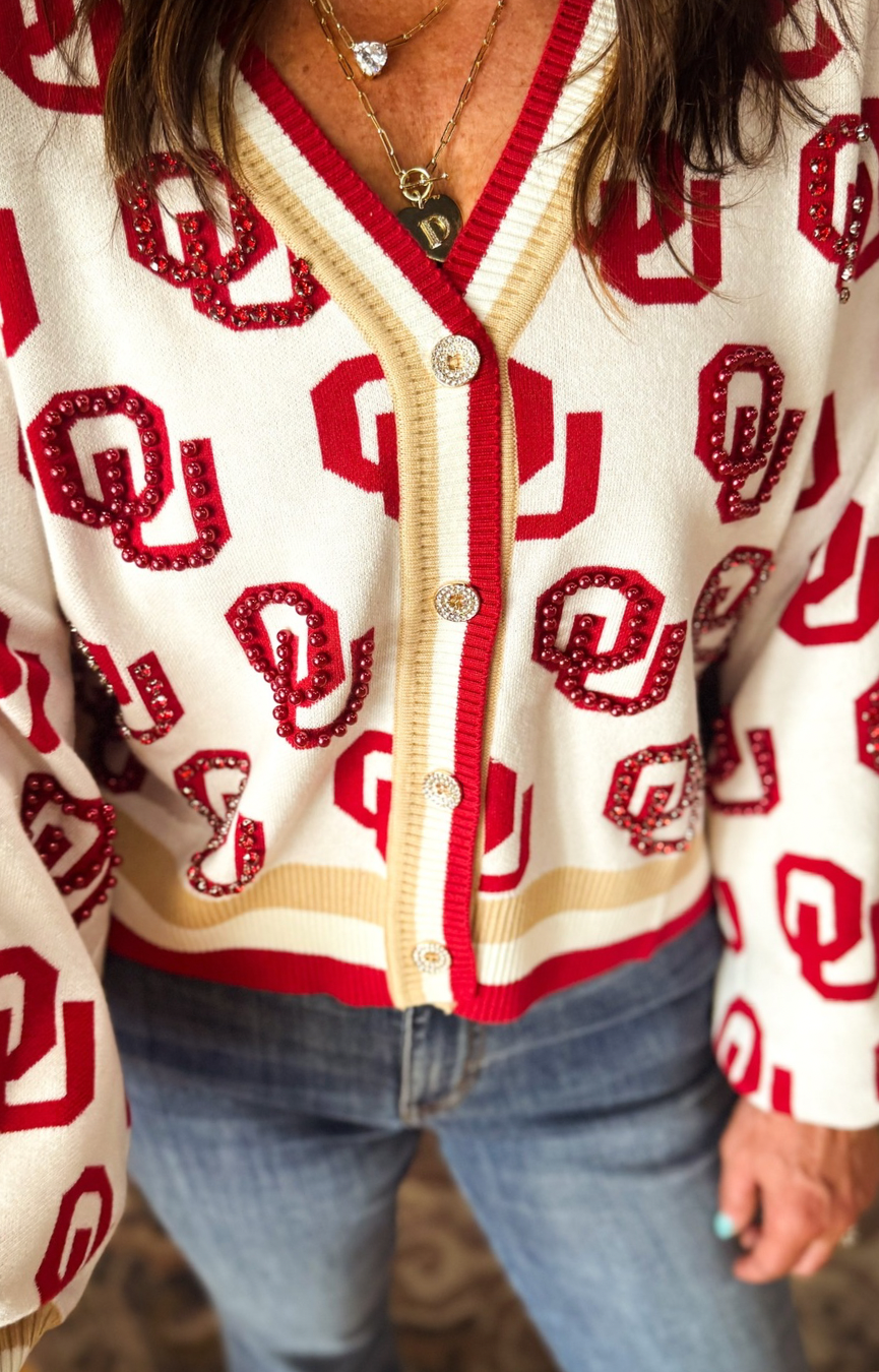 Licensed Oklahoma Knit Rhinestone Cardigan