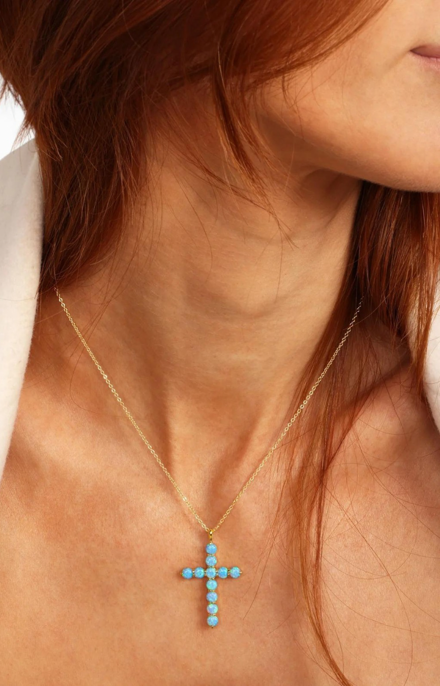 Oh She Fancy Blue Opal 18” Cross Pendant