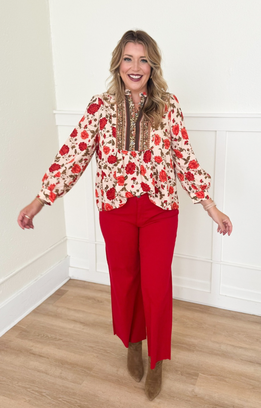 Meg HR Fab Ab Wide Leg Jeans- Ruby Red