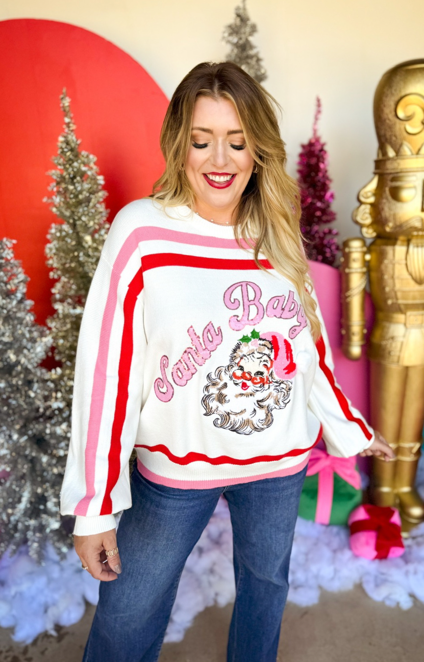 Red, Pink & White Stripe ‘Santa Baby’ Fuzzy Santa Sweater