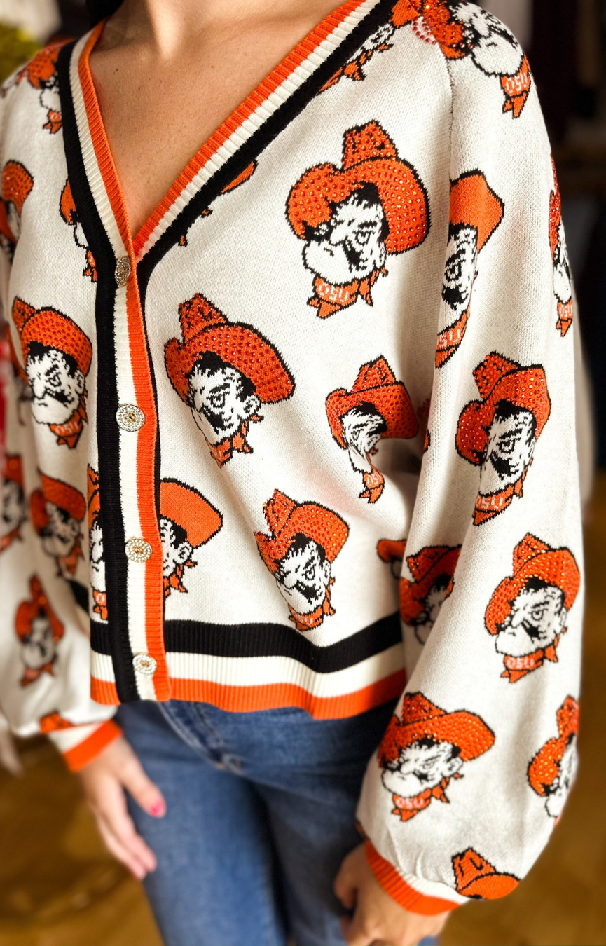 Licensed OK State Knit in Mascot Rhinestone Cardigan