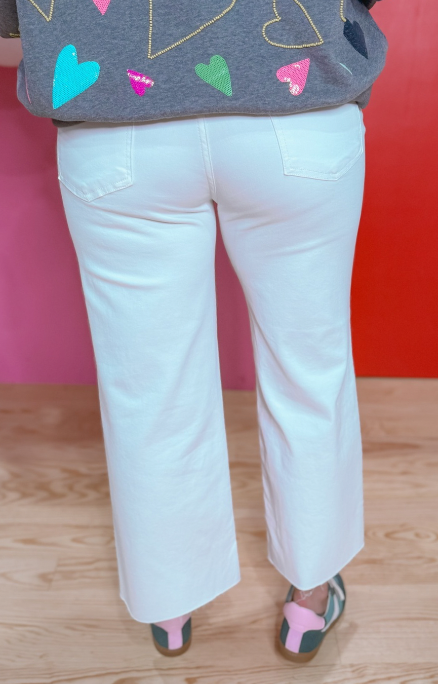 Meg HR Fab Ab Wide Leg Jeans w/ Raw Hem- White