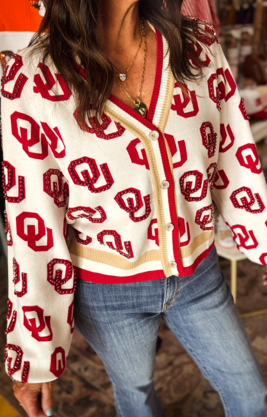 Licensed Oklahoma Knit Rhinestone Cardigan