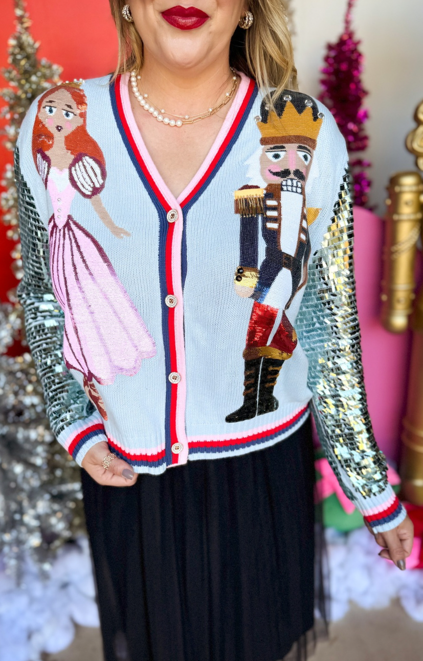 Light Blue Nutcracker & Clara Sequin Sleeve Cardigan