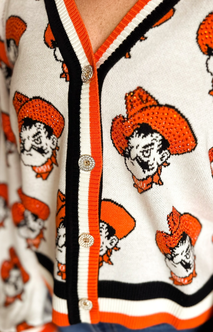 Licensed OK State Knit in Mascot Rhinestone Cardigan