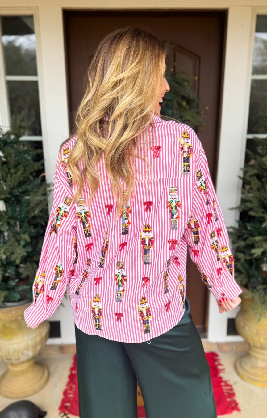 Red Stripe Nutcracker & Bow Button Up Top