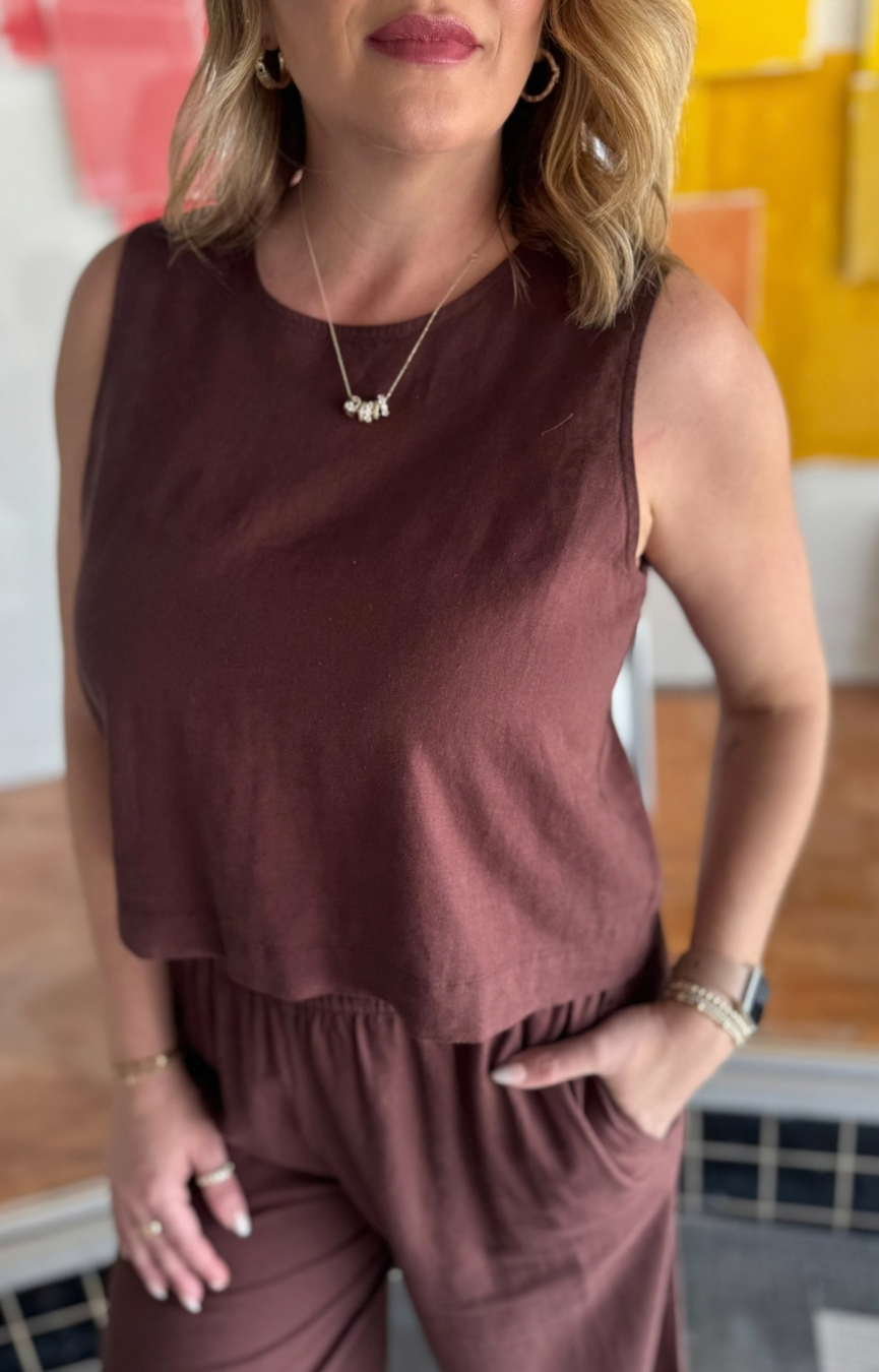 Sloane Linen Top- Chocolate Cherry