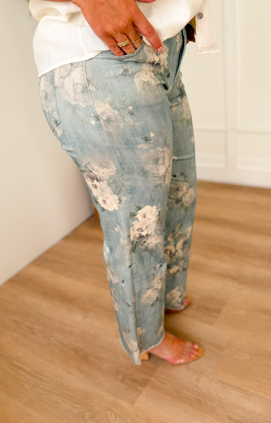 Micah Wide Leg Jeans- Seaglass Garden