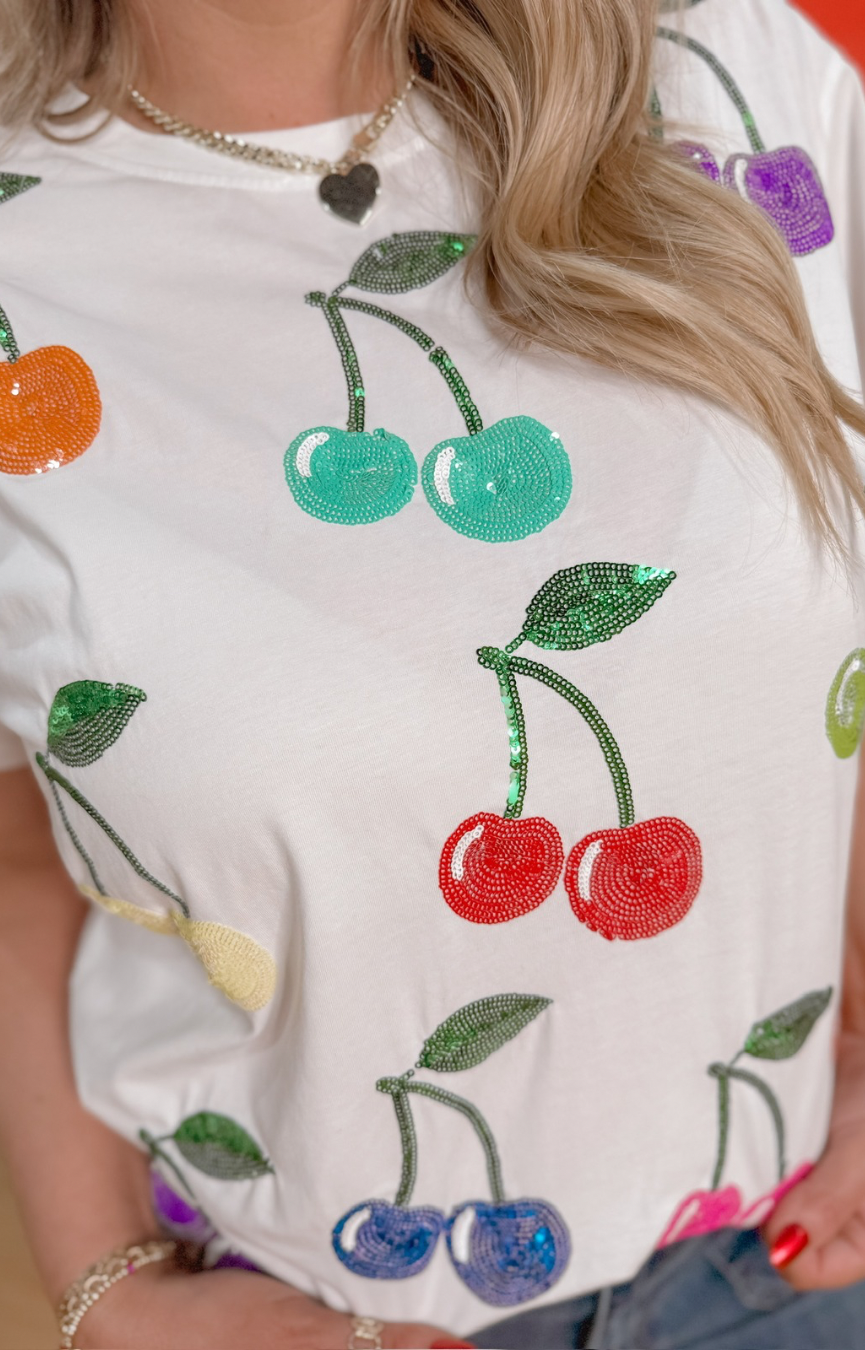 White w/ Rainbow Cherries Tee