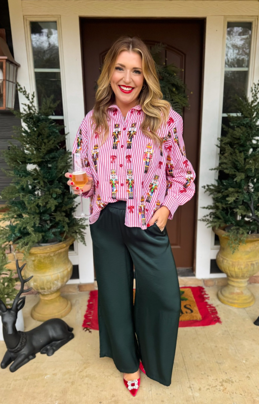 Red Stripe Nutcracker & Bow Button Up Top