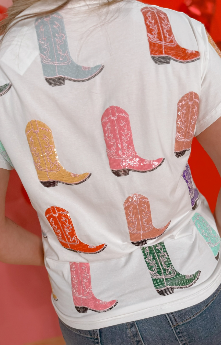 White Multi Cowboy Boot Tee