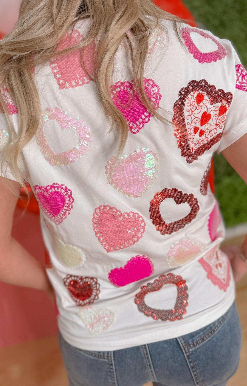 White Multi Doily Heart Tee