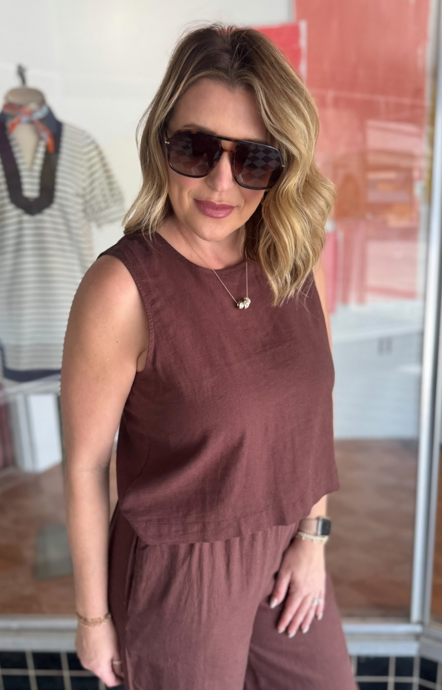 Sloane Linen Top- Chocolate Cherry
