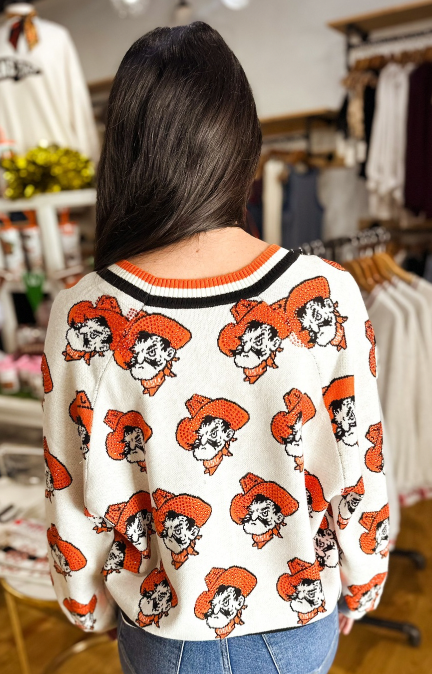 Licensed OK State Knit in Mascot Rhinestone Cardigan
