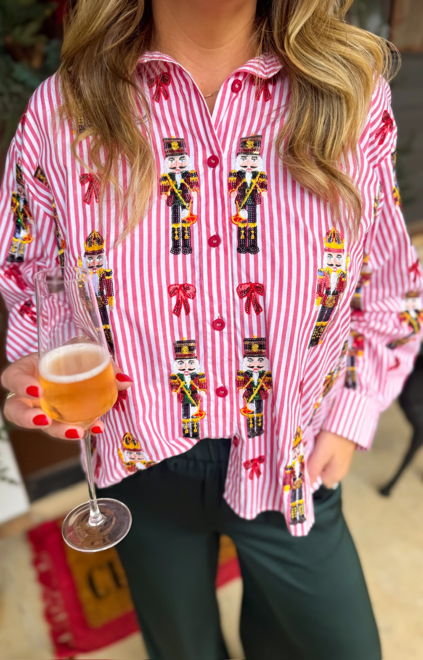 Red Stripe Nutcracker & Bow Button Up Top