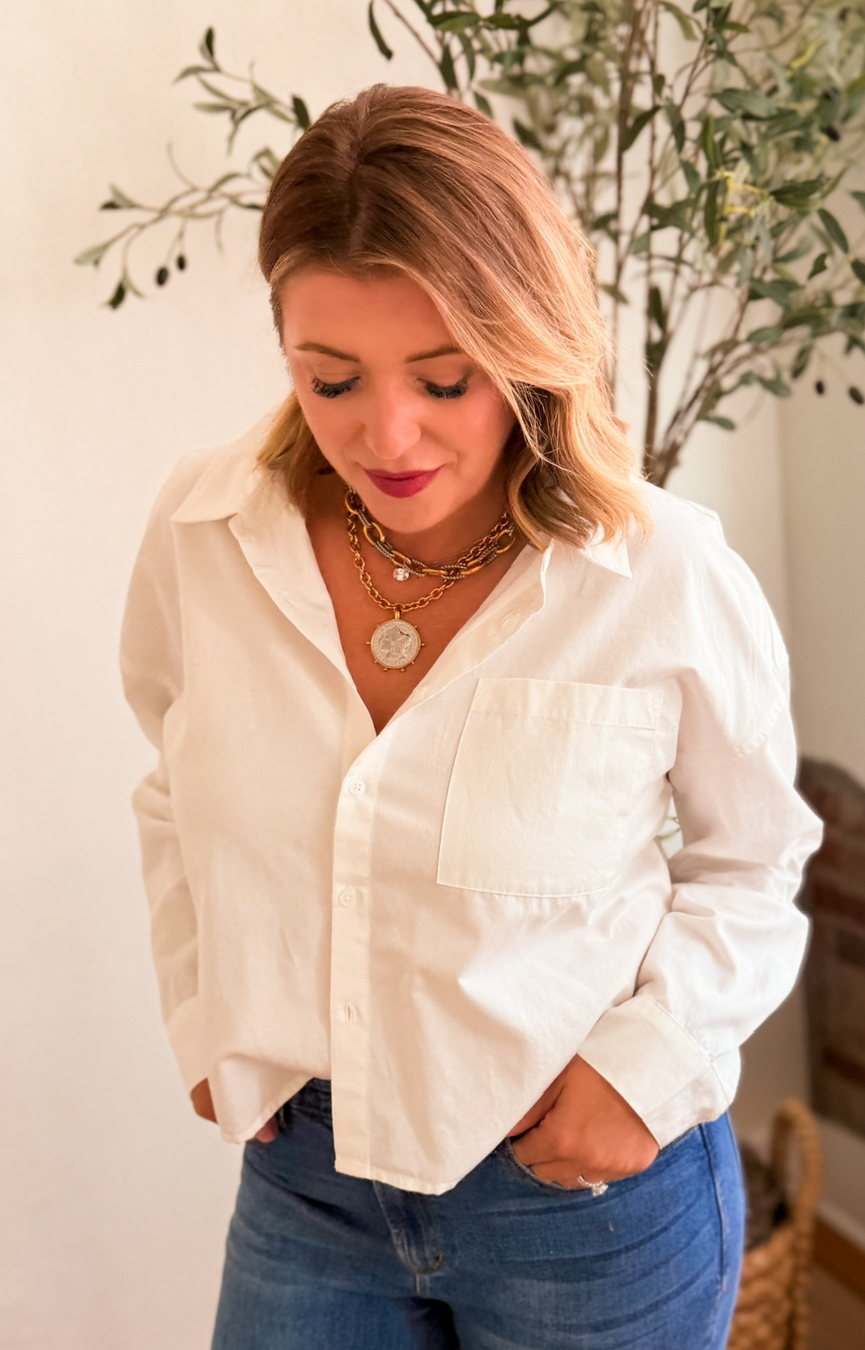 Cropped Adrianna Shirt- White