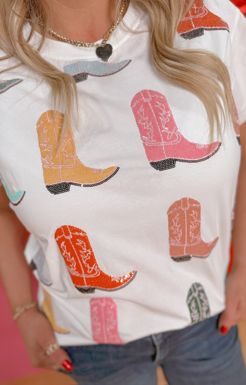 White Multi Cowboy Boot Tee