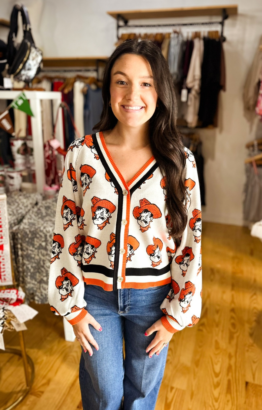 Licensed OK State Knit in Mascot Rhinestone Cardigan