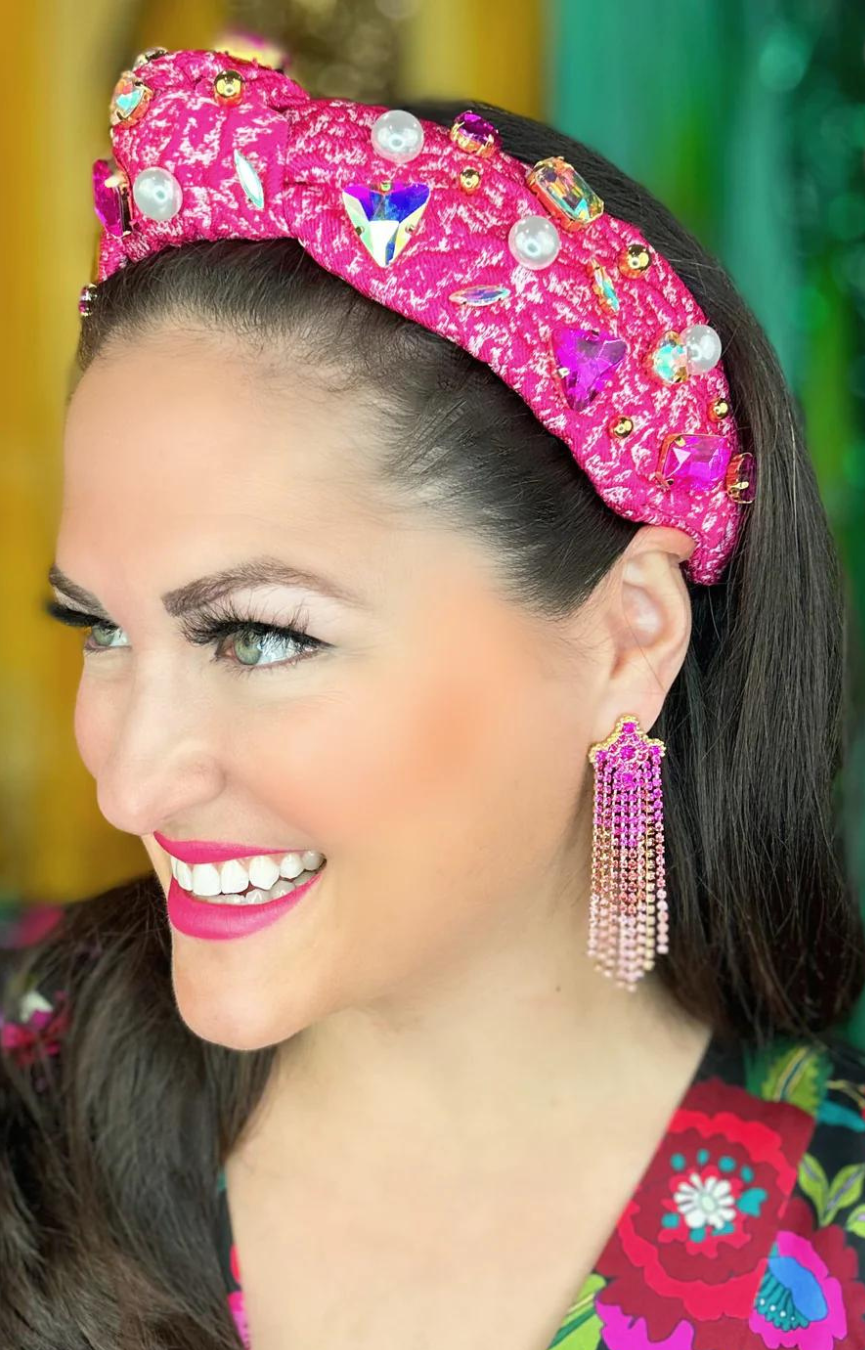 Pink Textured Headband w/ Crystals & Pearls