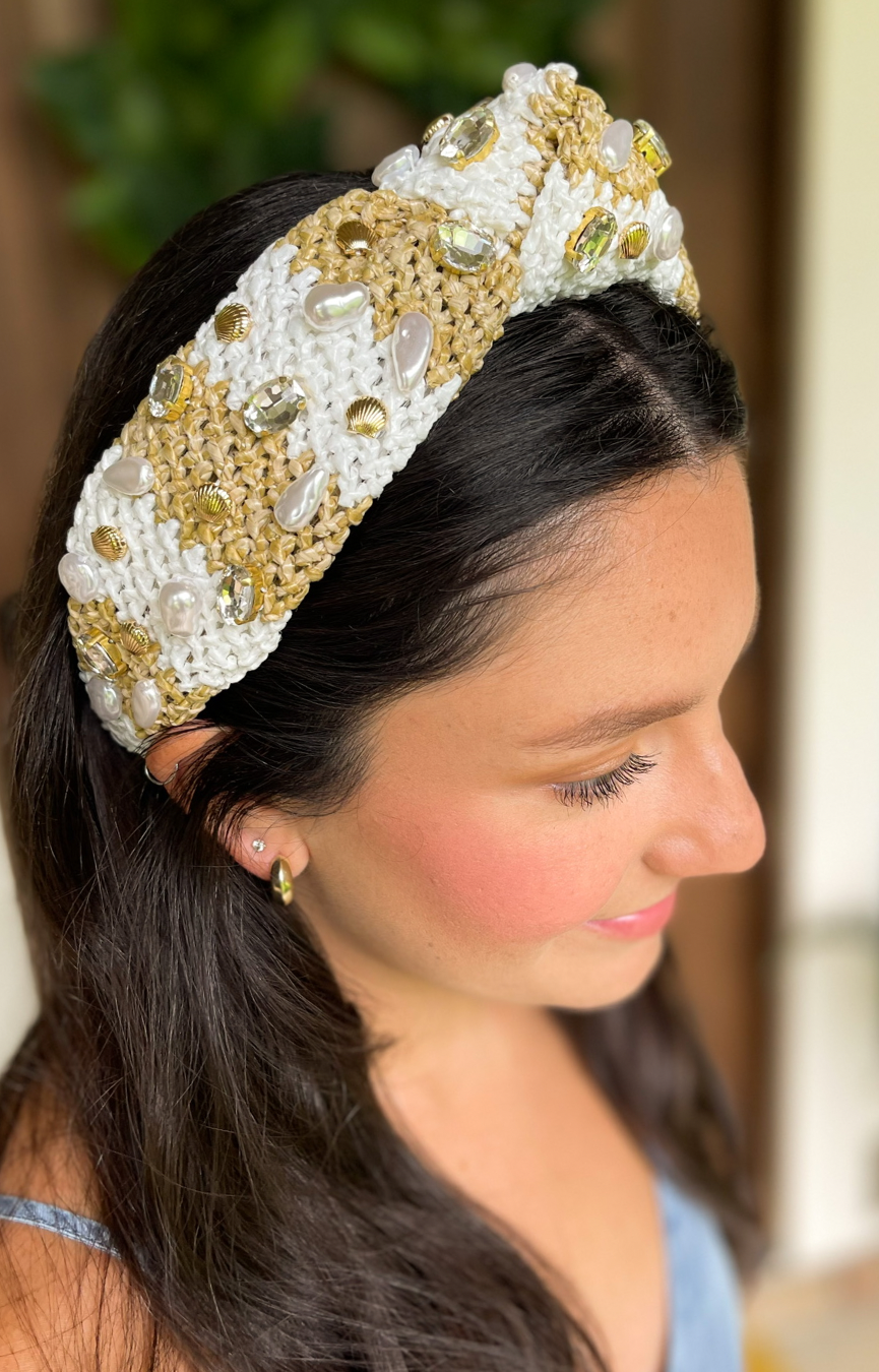 Khaki & White Raffia Headband w/ Baroque Pearls