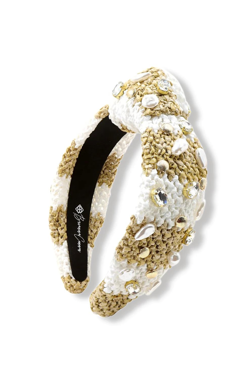 Khaki & White Raffia Headband w/ Baroque Pearls