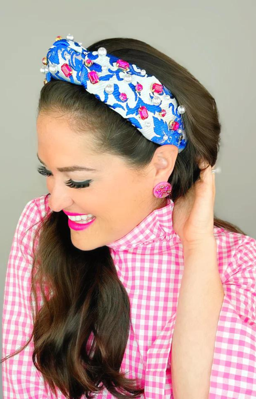 White & Blue Brocade Headband w/ Pink Crystals & Pearls